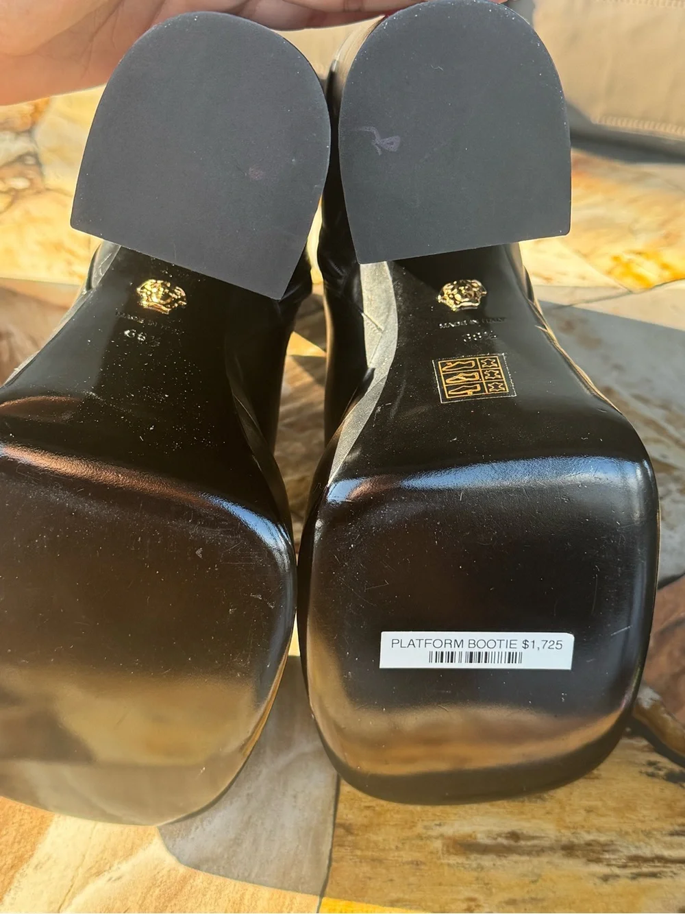 Versace Black Leather Platform Ankle Boots with Gold Accents